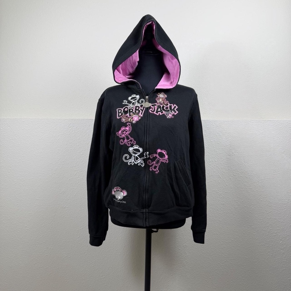 Bobby Jack Y2K Black & Pink Monkey Zip-Up Hoodie — XXL 🩷🐵